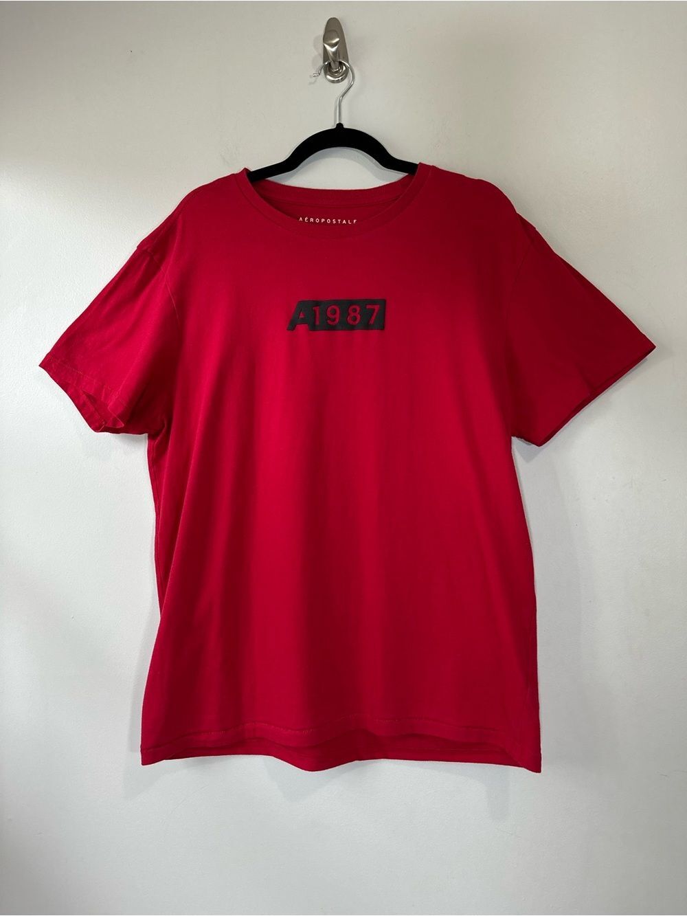 Aeropostale Mens Size L Red Short Sleeve A1987 Box Graphic Cotton Crew Neck Tee